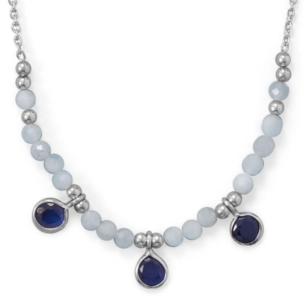 Rhodium Plated Sterling Silver Aquamarine And Blue Quartz Necklace 21